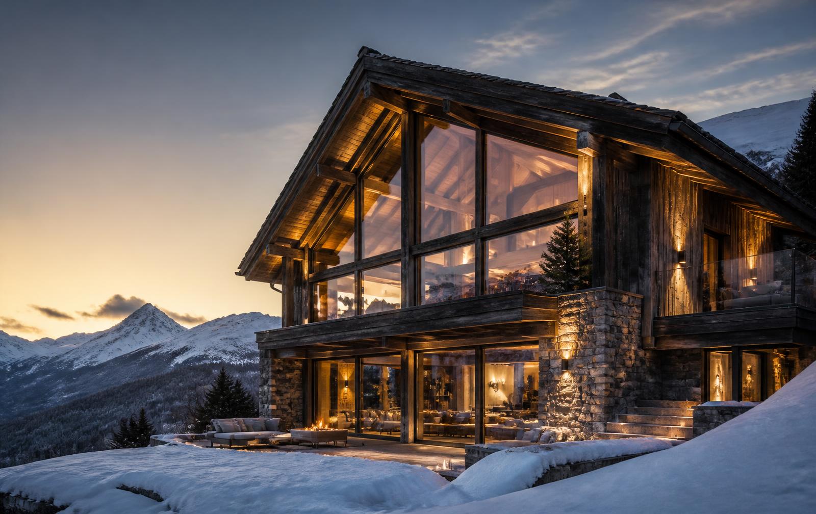Chalet alpin moderne en bois et pierre avec grandes baies vitrées et vue sur les sommets enneigés au coucher du soleil