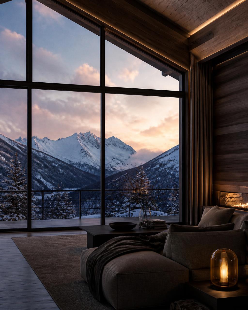 Vue panoramique depuis un chalet contemporain au crépuscule, montagnes enneigées et intérieur chaleureux